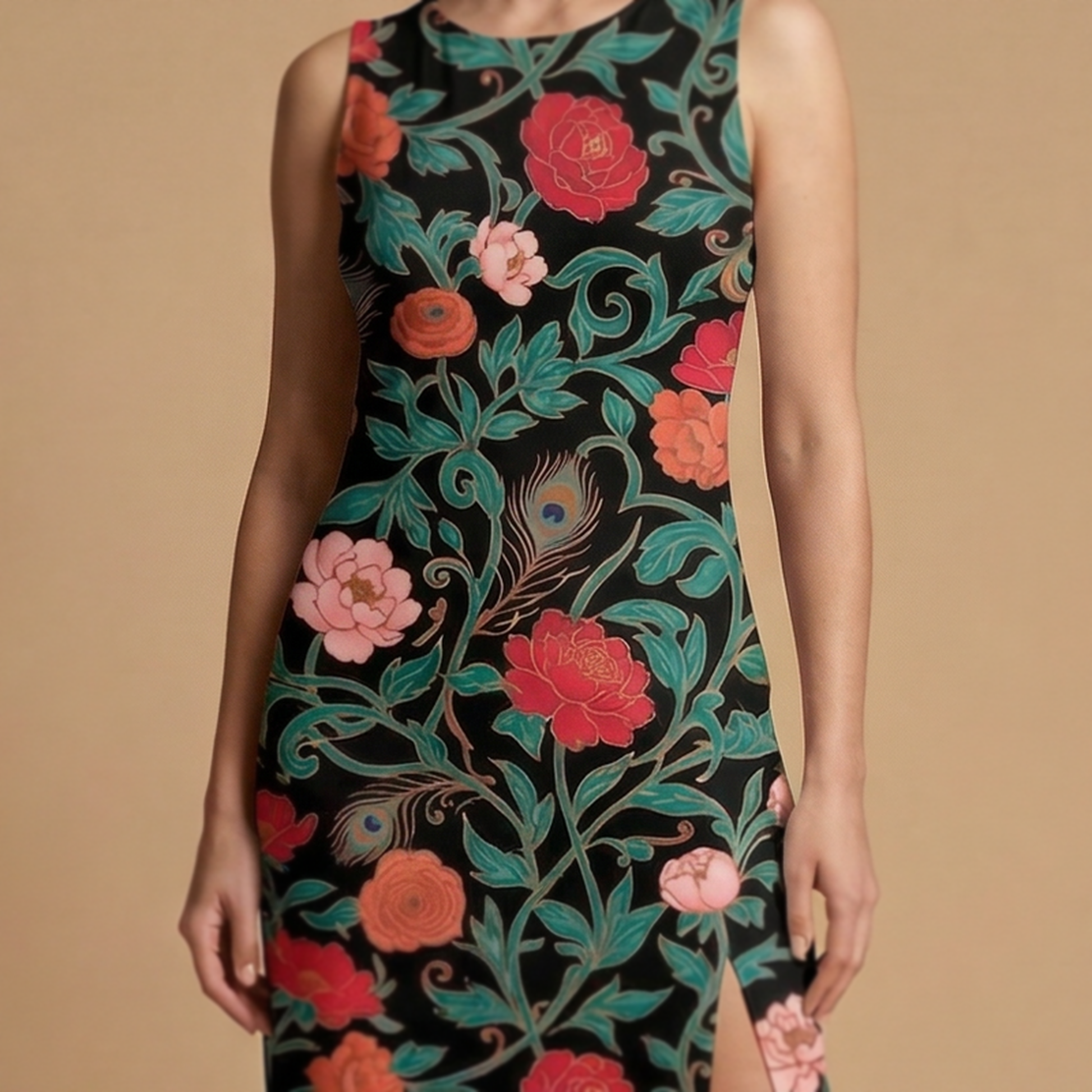 Dark Garden Tapestry Side Slit Dress | All Over Print Dark Floral Fashion — view 5