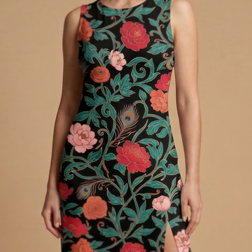 Dark Garden Tapestry side slit dress movement shot - dark floral sublimation print dress