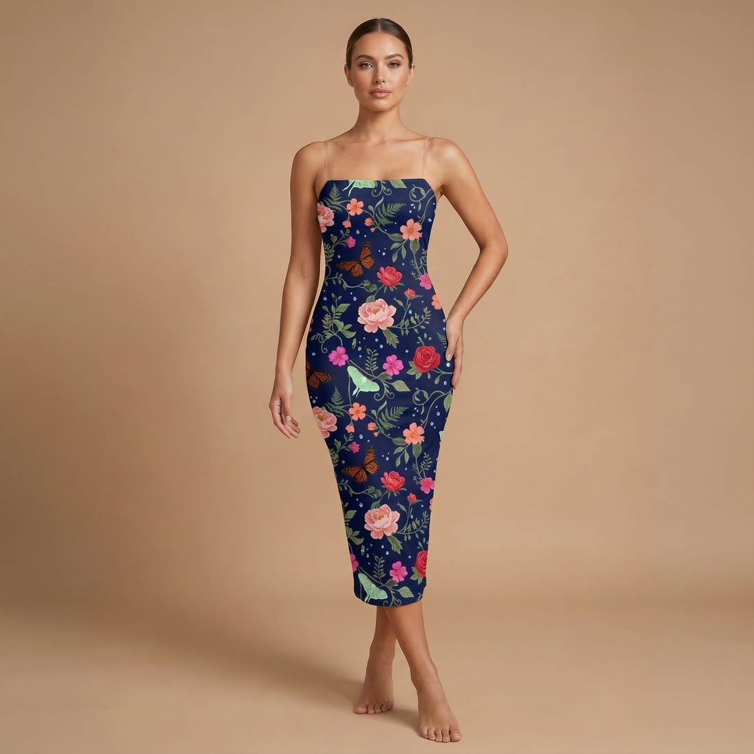 Noir Rose & Butterfly Spaghetti Strap Dress | All Over Print Dark Floral Fashion — view 1