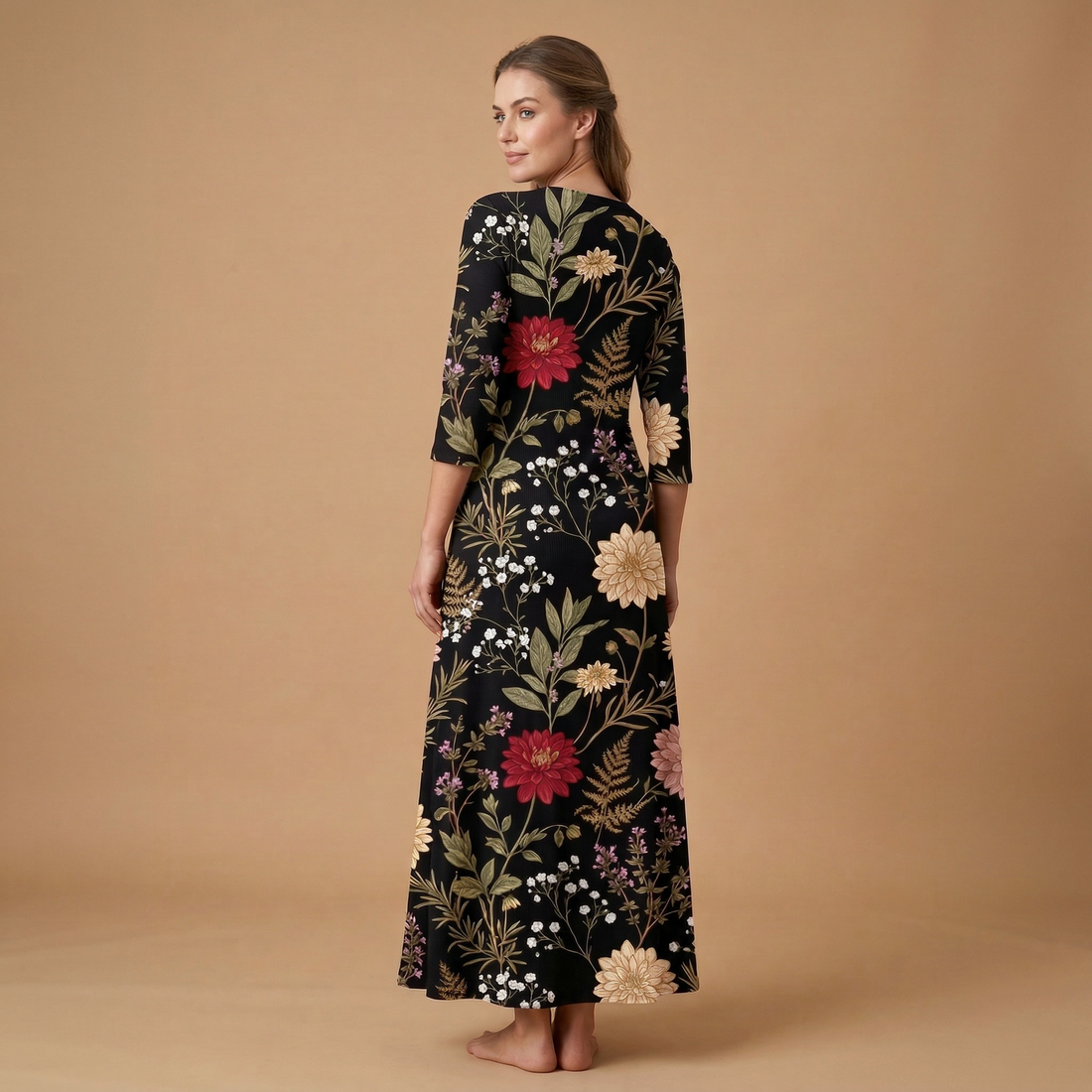 Moonlit Dahlia 3/4 Sleeve Maxi Dress | All Over Print Dark Floral Fashion — view 1