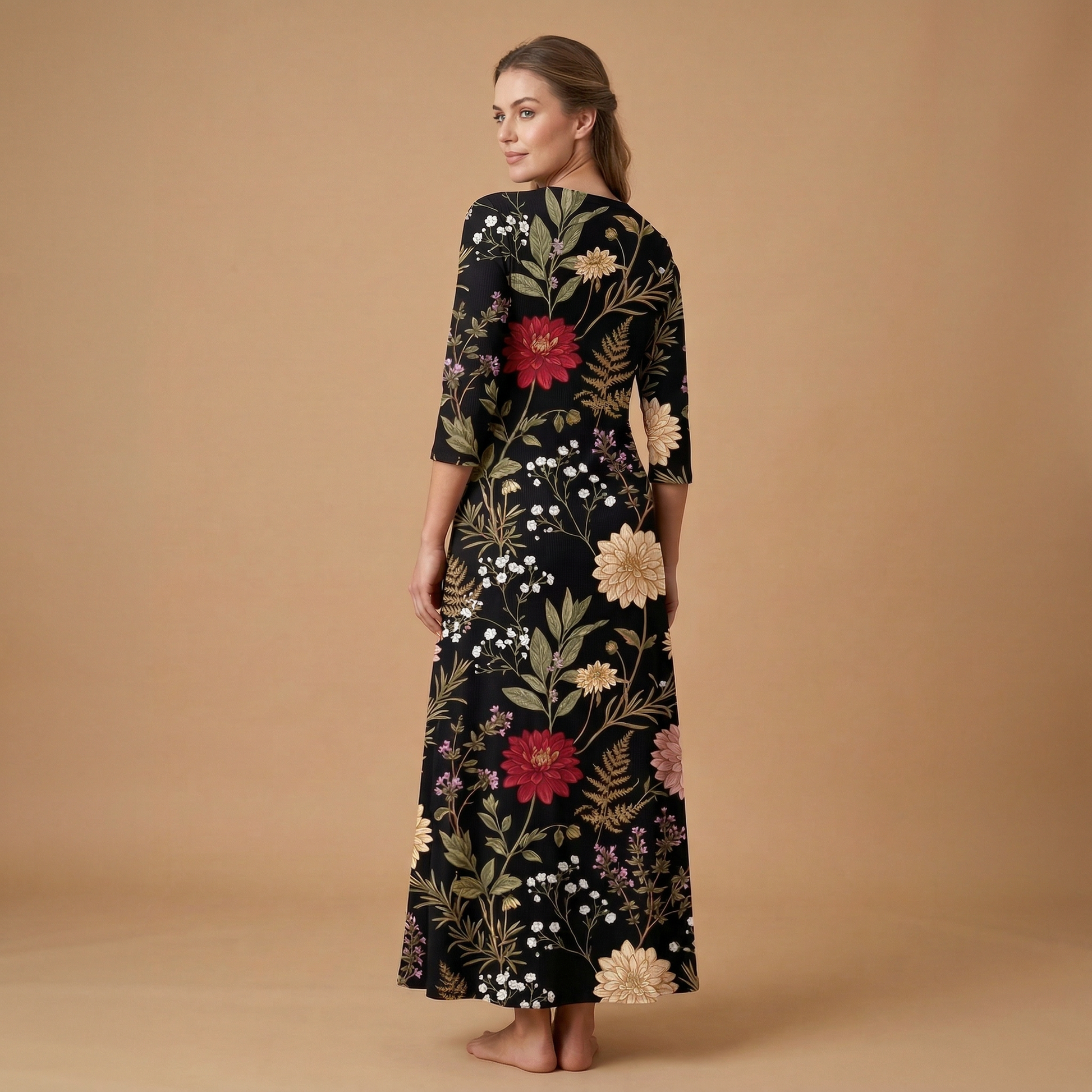 Moonlit Dahlia 3/4 Sleeve Maxi Dress | All Over Print Dark Floral Fashion — view 2