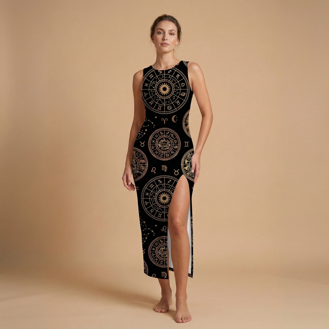 Zodiac Medallion Side Slit Dress | All Over Print Celestial Fashion — view 1