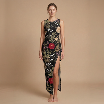 Moonlit Dahlia Side Slit Dress | All Over Print Dark Floral Fashion — view 1