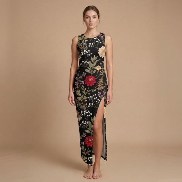 Moonlit Dahlia side slit dress front view - dark floral all over print fashion
