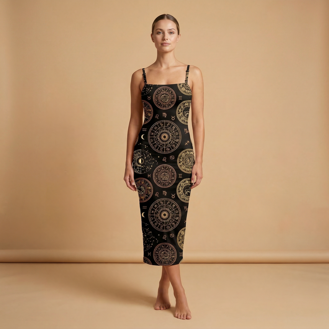 Zodiac Medallion Spaghetti Strap Dress | All Over Print Celestial Fashion — view 1