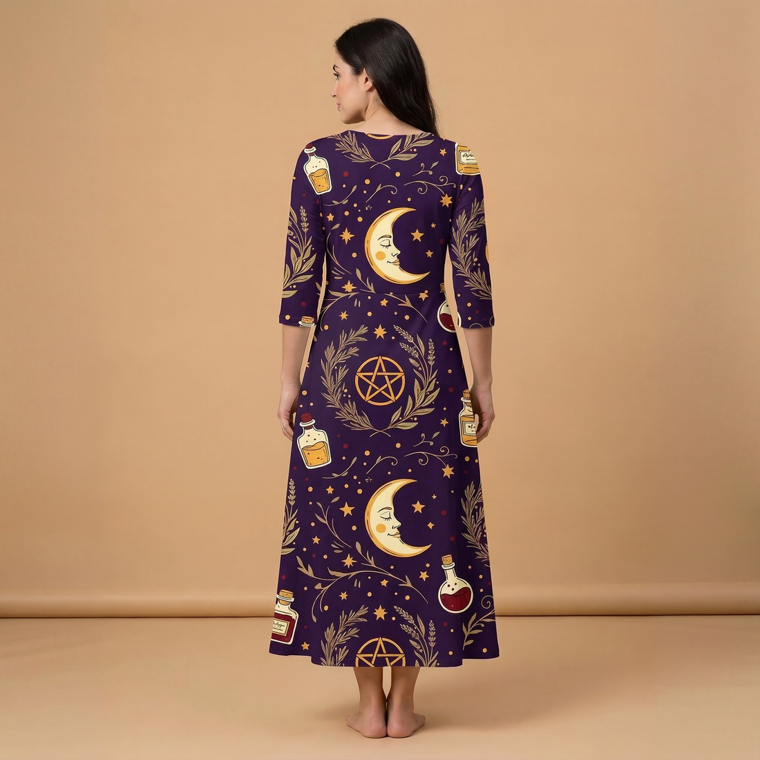 Celestial Witch 3/4 Sleeve Maxi Dress | All Over Print Whimsigoth Fashion — view 1