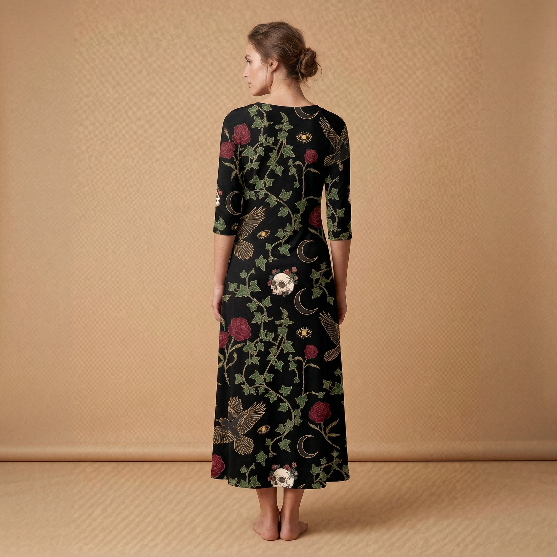 Raven & Roses 3/4 Sleeve Maxi Dress | All Over Print Whimsigoth Fashion — view 2