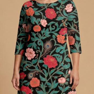 Dark Garden Tapestry 3/4 sleeve maxi dress movement shot - dark floral sublimation print dress