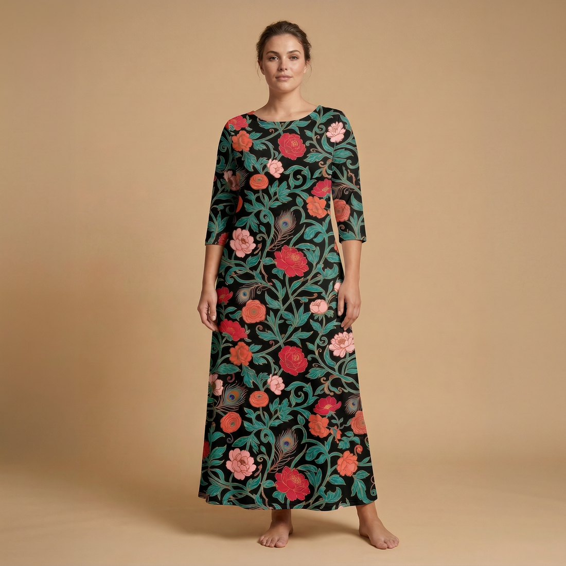 Dark Garden Tapestry 3/4 Sleeve Maxi Dress | All Over Print Dark Floral Fashion — view 1
