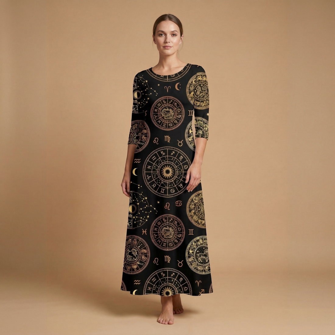 Zodiac Medallion 3/4 Sleeve Maxi Dress | All Over Print Celestial Fashion — view 1