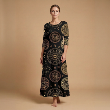 Zodiac Medallion 3/4 Sleeve Maxi Dress | All Over Print Celestial Fashion — view 1