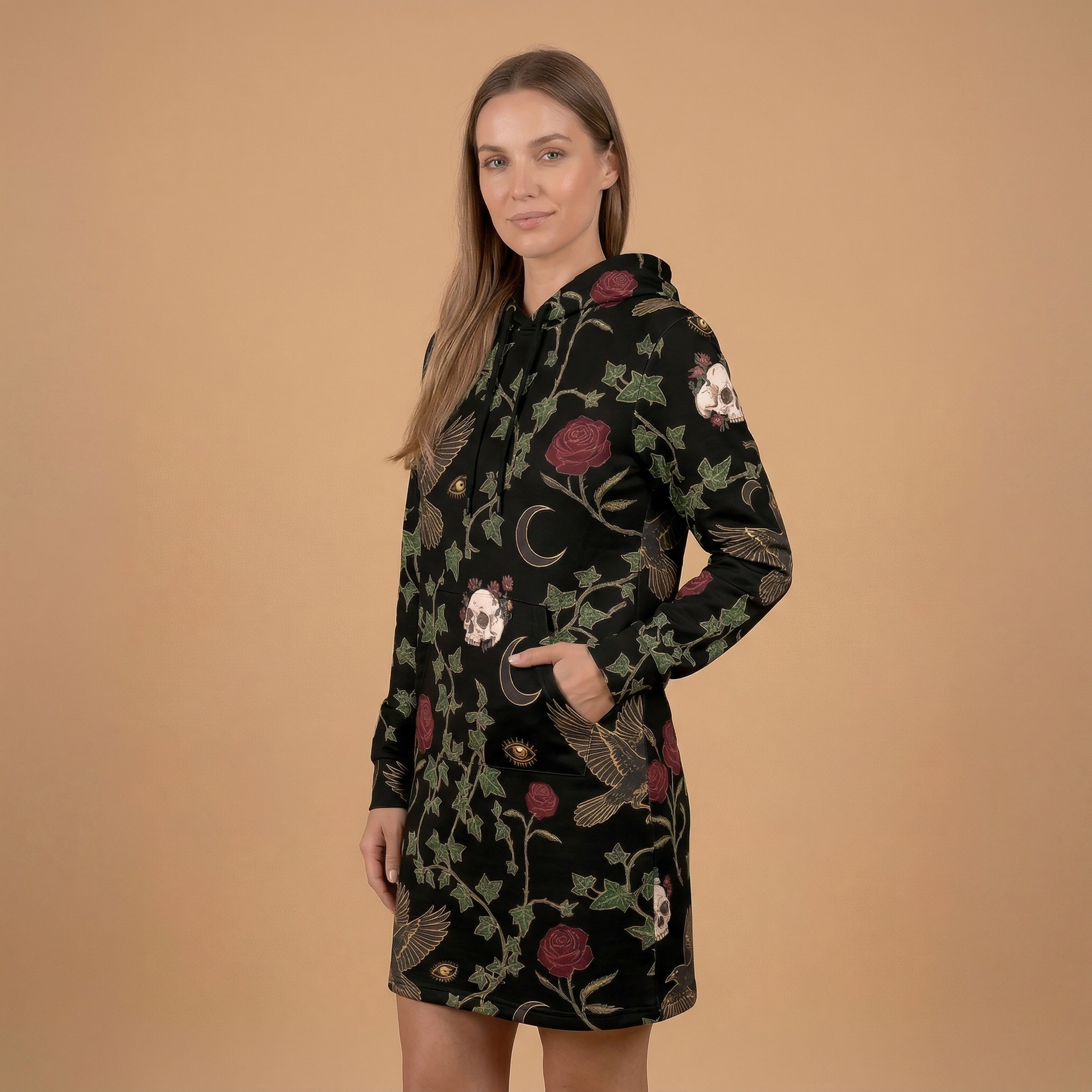 Raven & Roses Hoodie Dress | All Over Print Whimsigoth Fashion — view 3