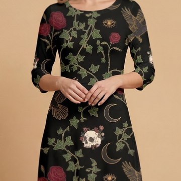 Raven & Roses 3/4 sleeve maxi dress movement shot - whimsigoth sublimation print dress