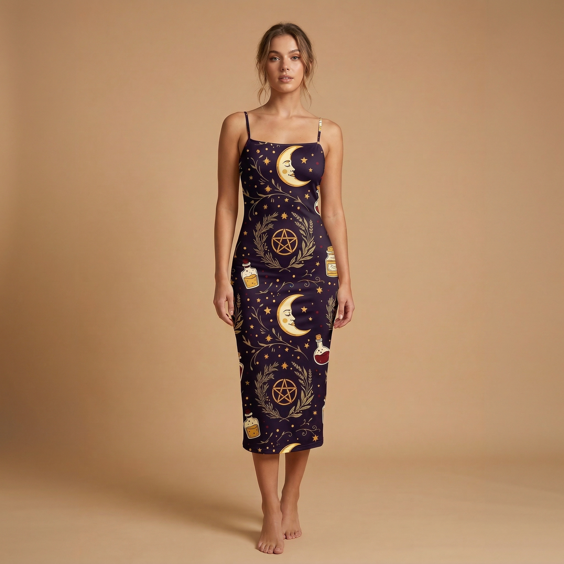 Celestial Witch Spaghetti Strap Dress | All Over Print Whimsigoth Fashion — view 1