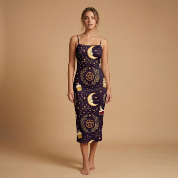 Celestial Witch Spaghetti Strap Dress | All Over Print Whimsigoth Fashion — view 1