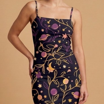 Cosmic Garden spaghetti strap dress movement shot - celestial sublimation print dress