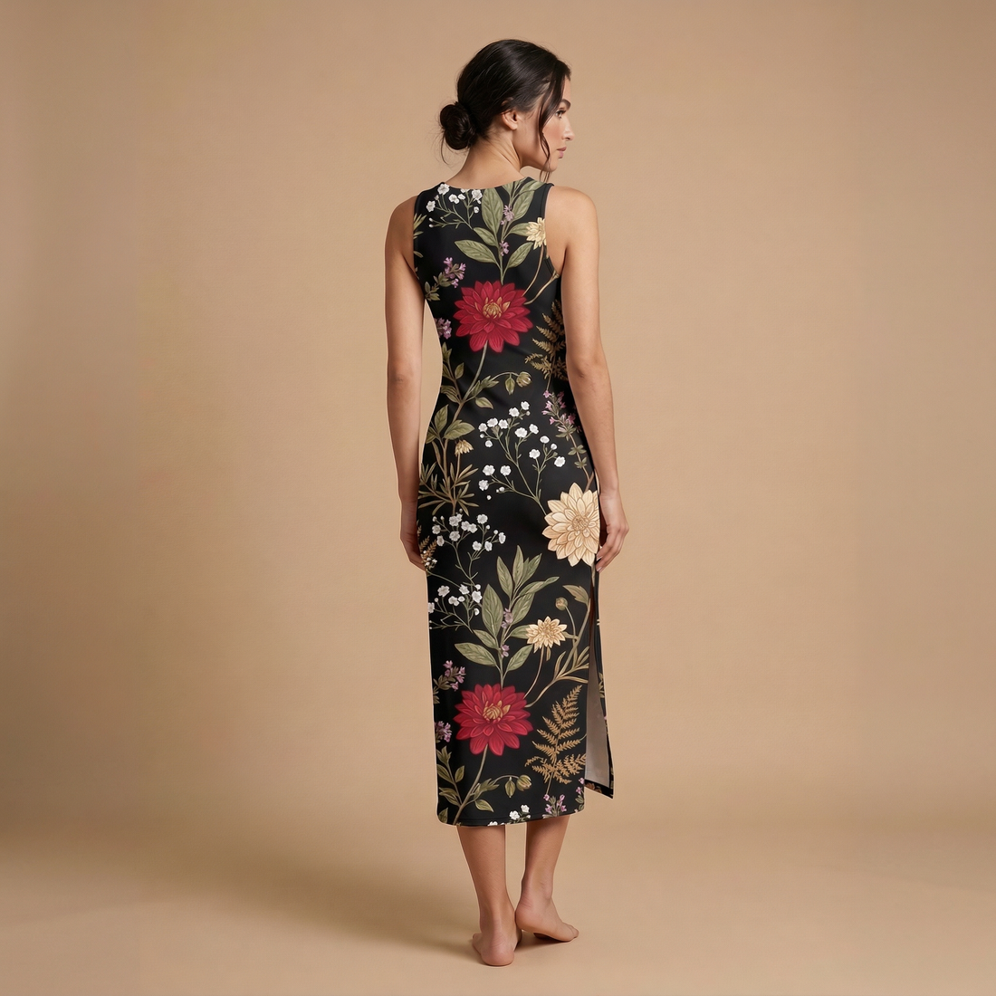 Moonlit Dahlia Side Slit Dress | All Over Print Dark Floral Fashion — view 1