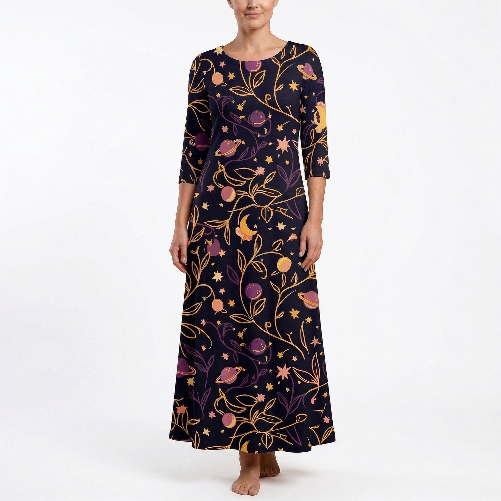 Cosmic Garden 3/4 Sleeve Maxi Dress | All Over Print Celestial Fashion — view 6
