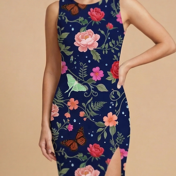 Noir Rose & Butterfly side slit dress movement shot - dark floral sublimation print dress