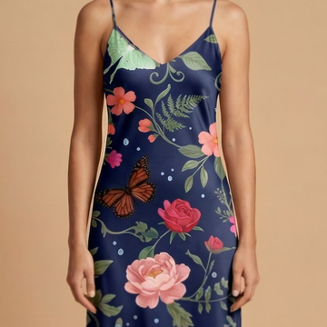 Noir Rose & Butterfly sleeveless maxi dress movement shot - dark floral sublimation print dress