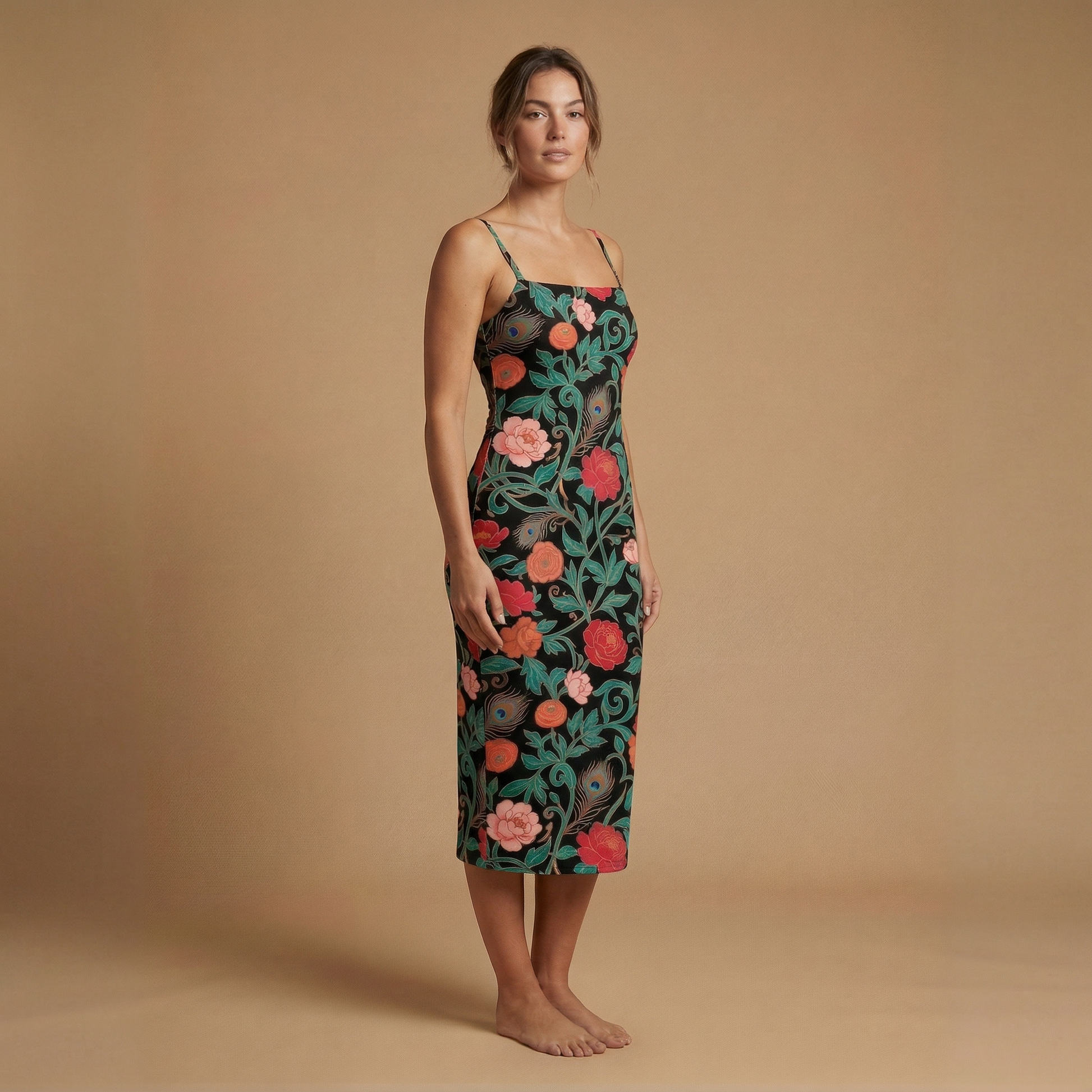 Dark Garden Tapestry Spaghetti Strap Dress | All Over Print Dark Floral Fashion — view 3