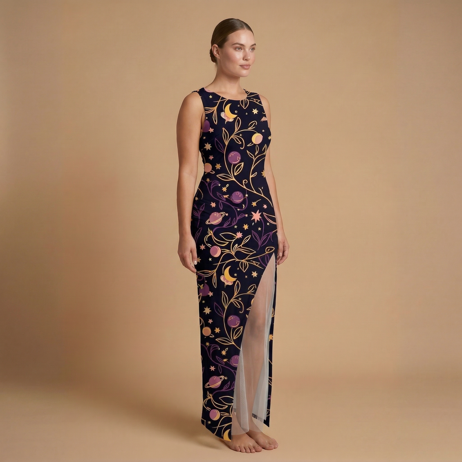 Cosmic Garden Side Slit Dress | All Over Print Celestial Fashion — view 3