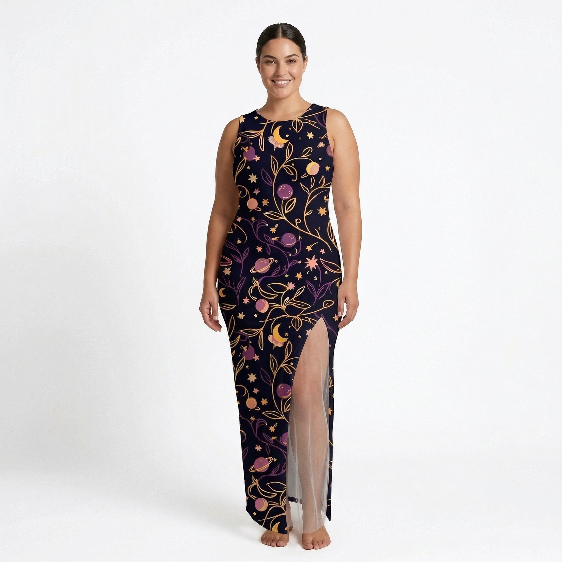 Cosmic Garden Side Slit Dress | All Over Print Celestial Fashion — view 6