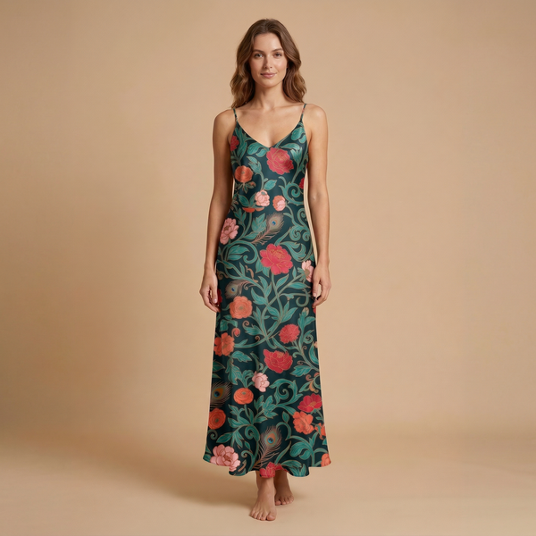 Dark Garden Tapestry sleeveless maxi dress front view - dark floral all over print fashion