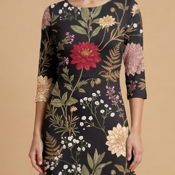 Moonlit Dahlia 3/4 sleeve maxi dress movement shot - dark floral sublimation print dress