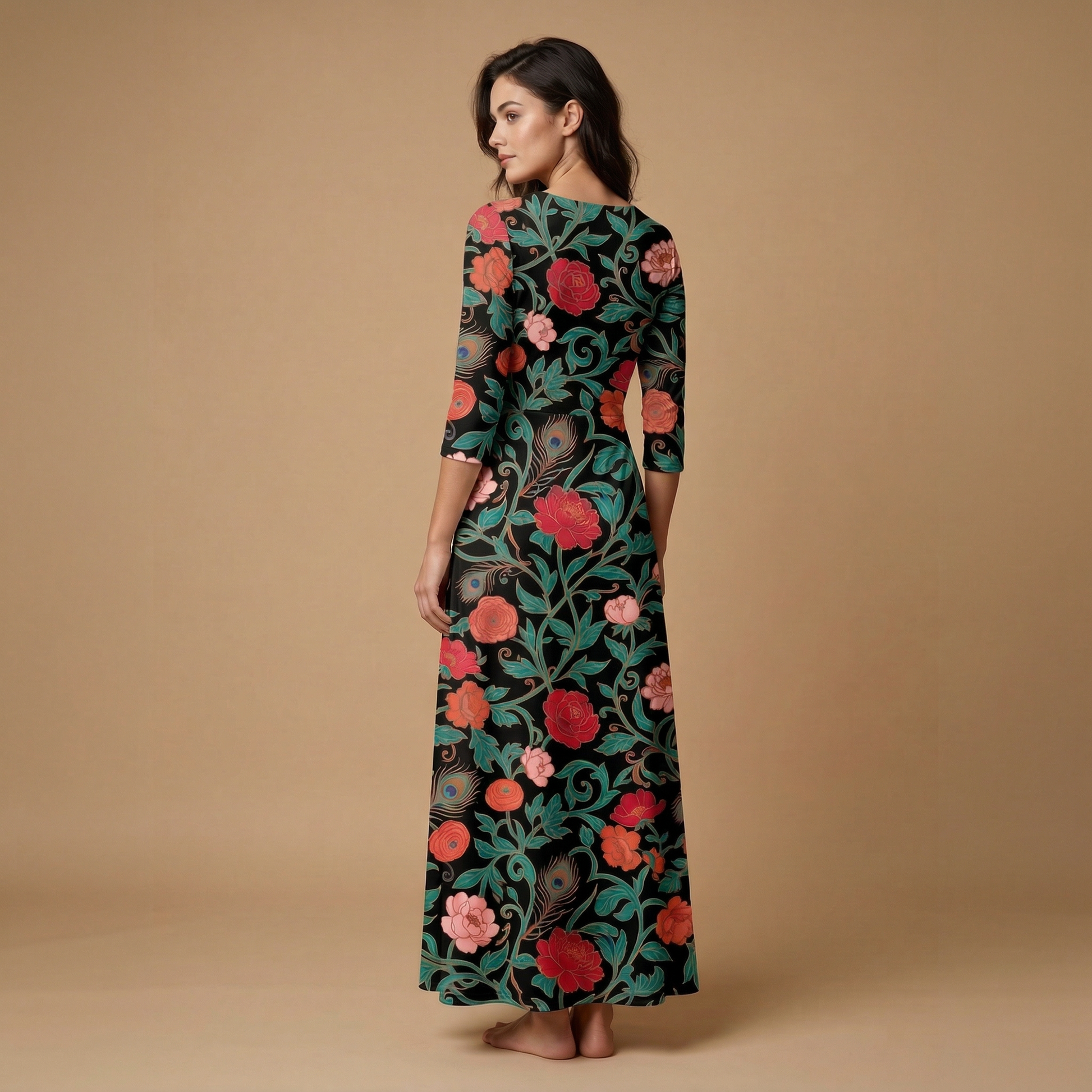 Dark Garden Tapestry 3/4 Sleeve Maxi Dress | All Over Print Dark Floral Fashion — view 2