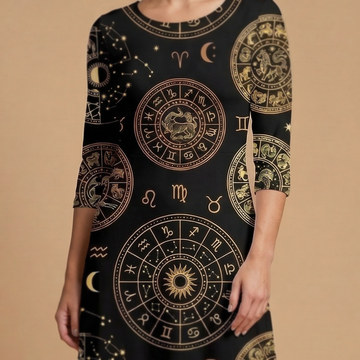 Zodiac Medallion 3/4 sleeve maxi dress movement shot - celestial sublimation print dress