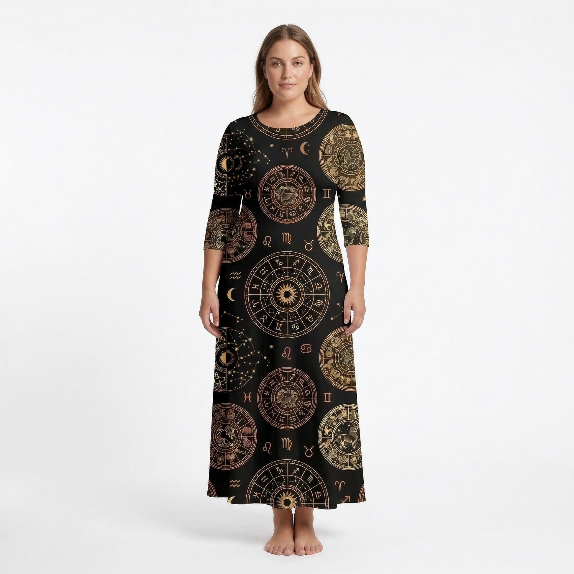 Zodiac Medallion 3/4 Sleeve Maxi Dress | All Over Print Celestial Fashion — view 6