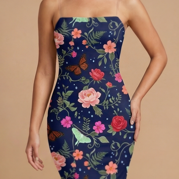 Noir Rose & Butterfly spaghetti strap dress movement shot - dark floral sublimation print dress