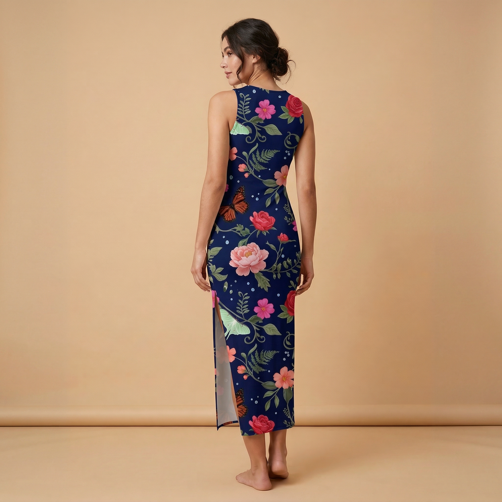 Noir Rose & Butterfly Side Slit Dress | All Over Print Dark Floral Fashion — view 2