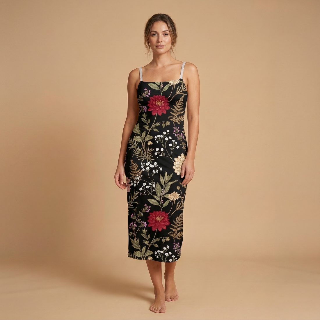 Moonlit Dahlia Spaghetti Strap Dress | All Over Print Dark Floral Fashion — view 1