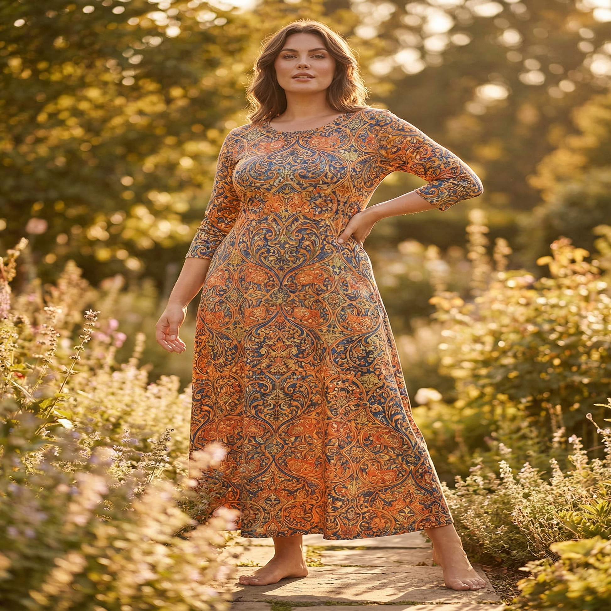 Dark Garden Tapestry 3/4 Sleeve Maxi Dress | All Over Print Dark Floral Fashion — view 4