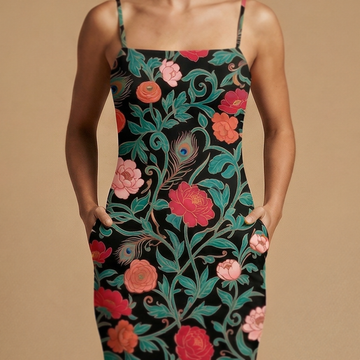 Dark Garden Tapestry spaghetti strap dress movement shot - dark floral sublimation print dress