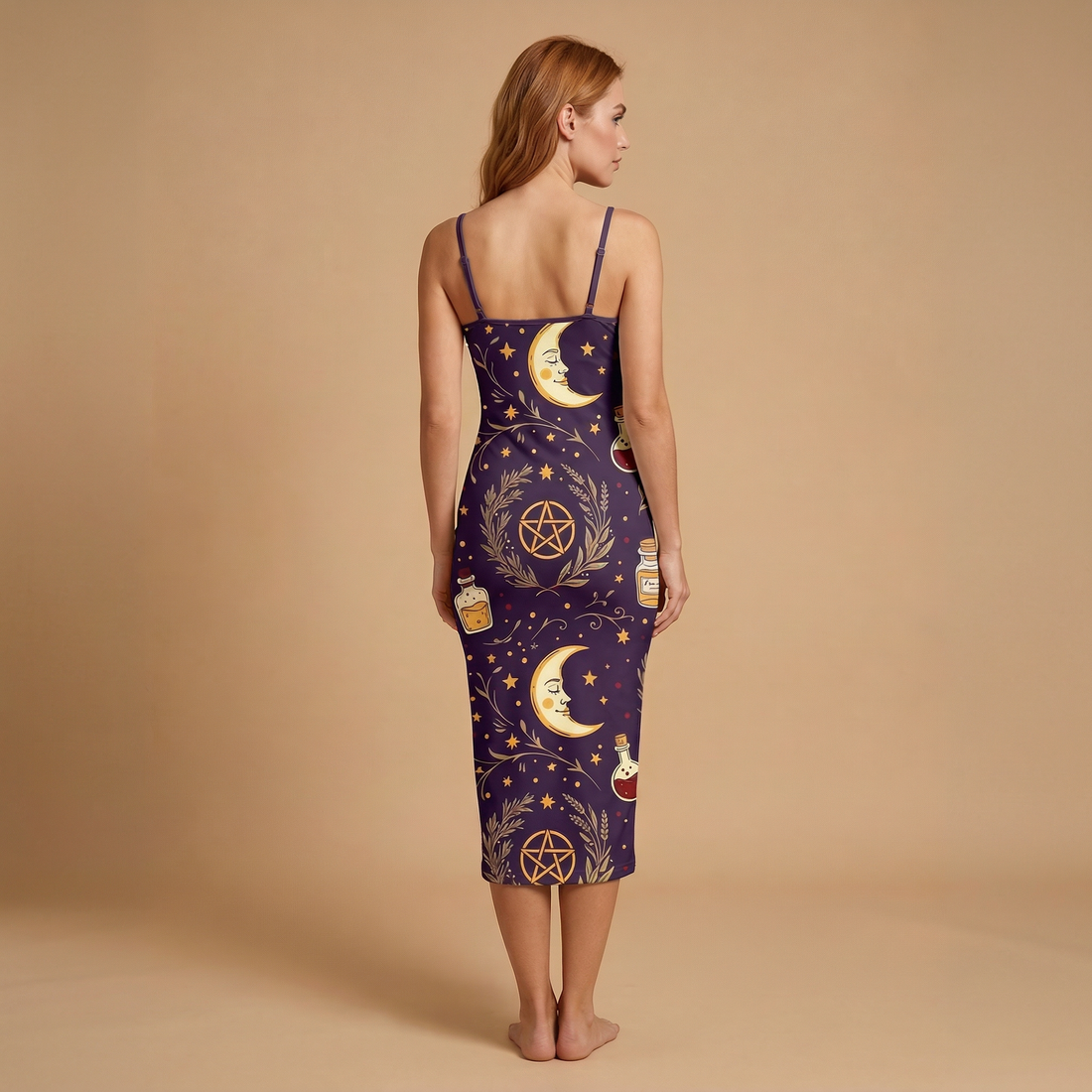 Celestial Witch Spaghetti Strap Dress | All Over Print Whimsigoth Fashion — view 1
