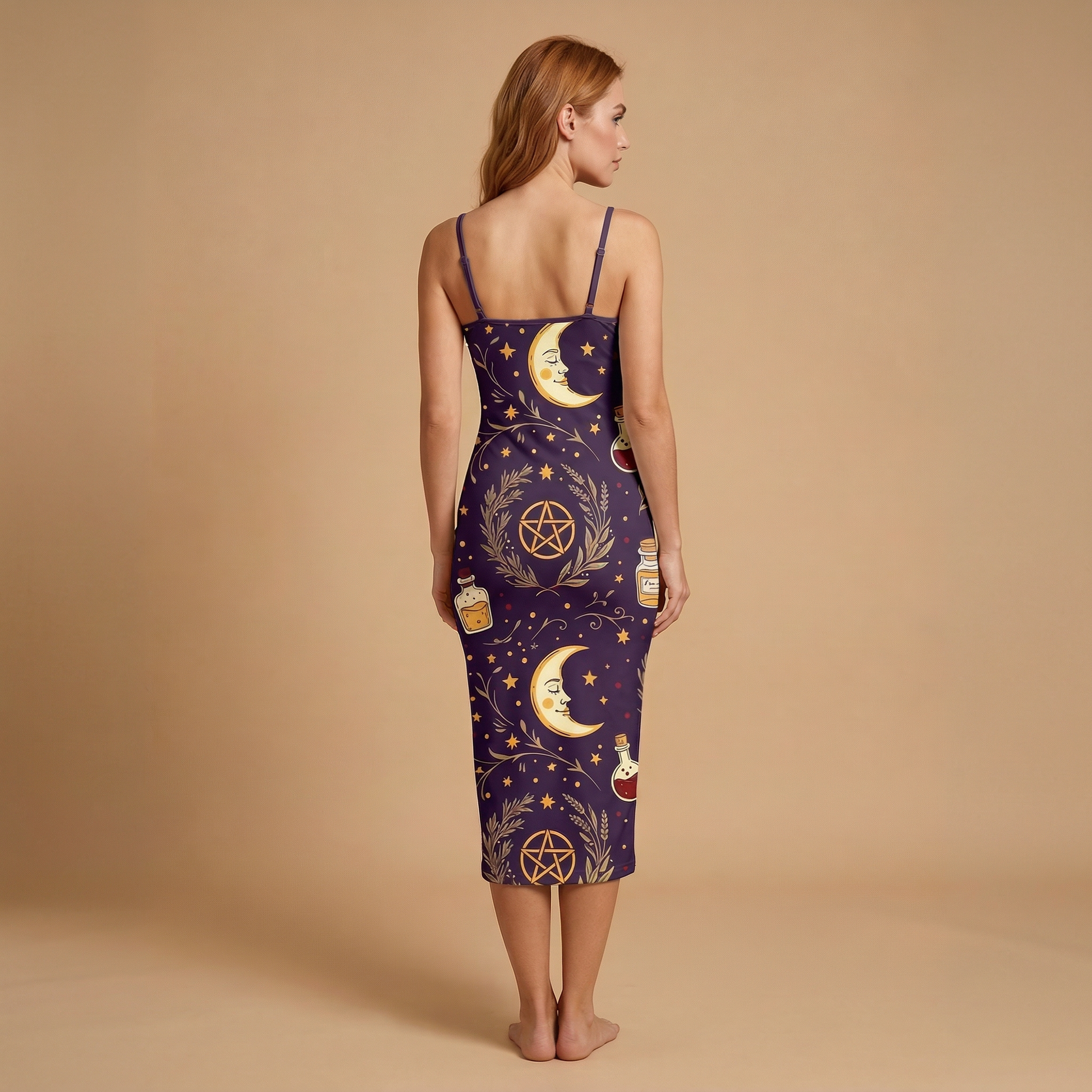 Celestial Witch Spaghetti Strap Dress | All Over Print Whimsigoth Fashion — view 2