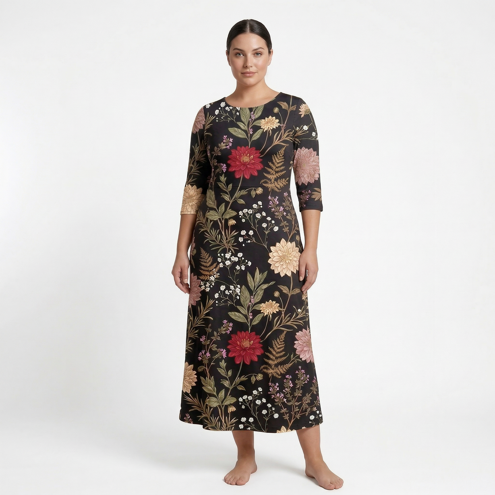 Moonlit Dahlia 3/4 Sleeve Maxi Dress | All Over Print Dark Floral Fashion — view 6