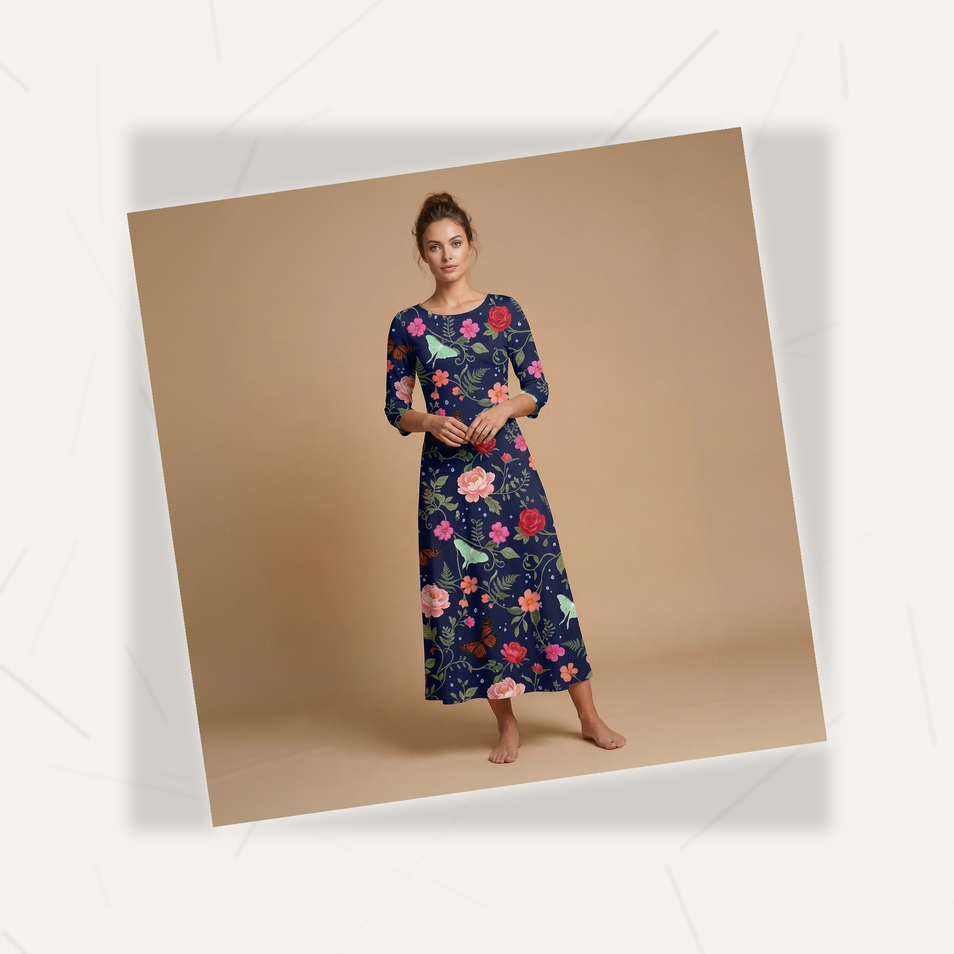 Noir Rose & Butterfly 3/4 Sleeve Maxi Dress | All Over Print Dark Floral Fashion — view 7