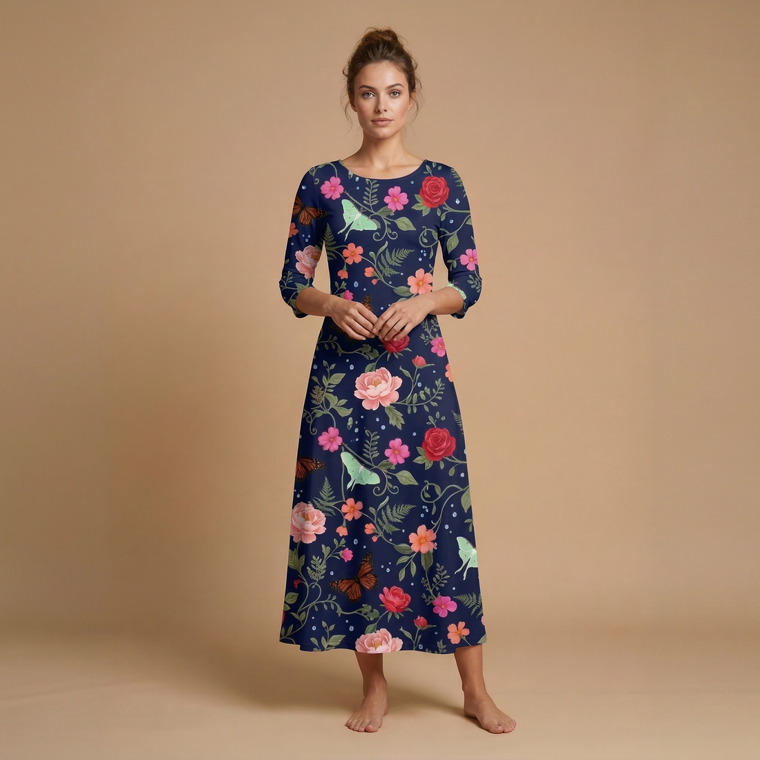 Noir Rose & Butterfly 3/4 Sleeve Maxi Dress | All Over Print Dark Floral Fashion — view 1