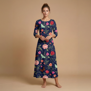 Noir Rose & Butterfly 3/4 Sleeve Maxi Dress | All Over Print Dark Floral Fashion — view 1
