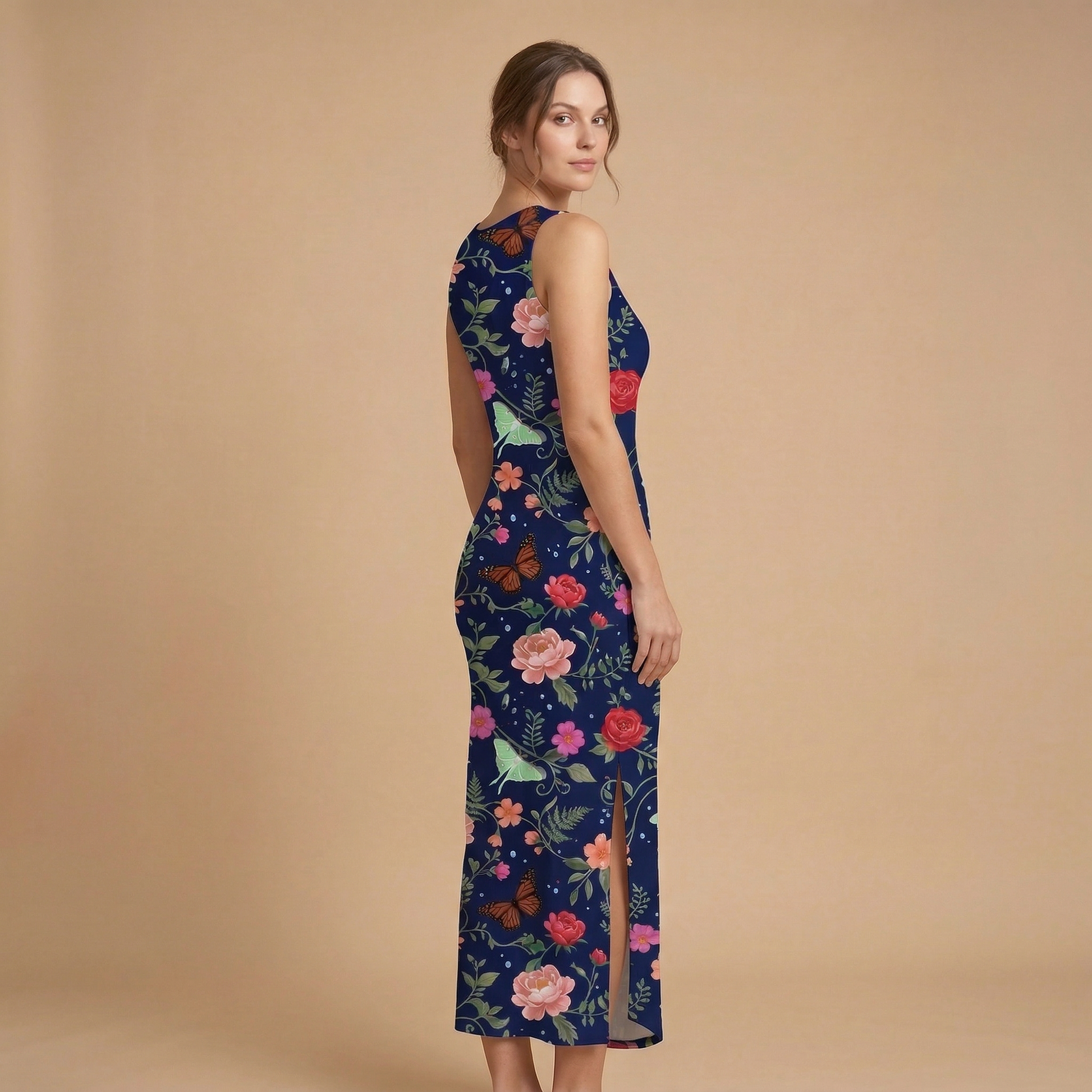 Noir Rose & Butterfly Side Slit Dress | All Over Print Dark Floral Fashion — view 3