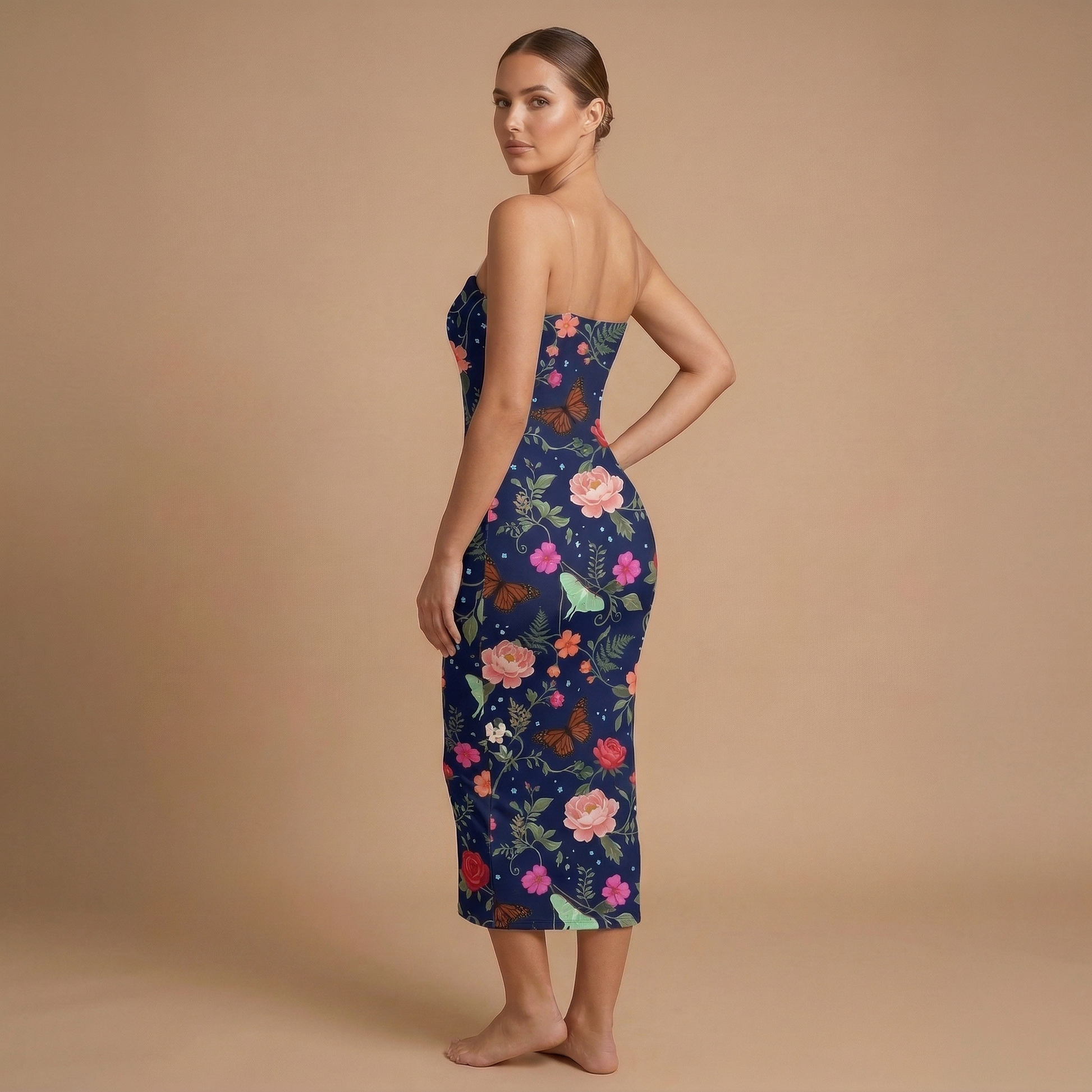 Noir Rose & Butterfly Spaghetti Strap Dress | All Over Print Dark Floral Fashion — view 3