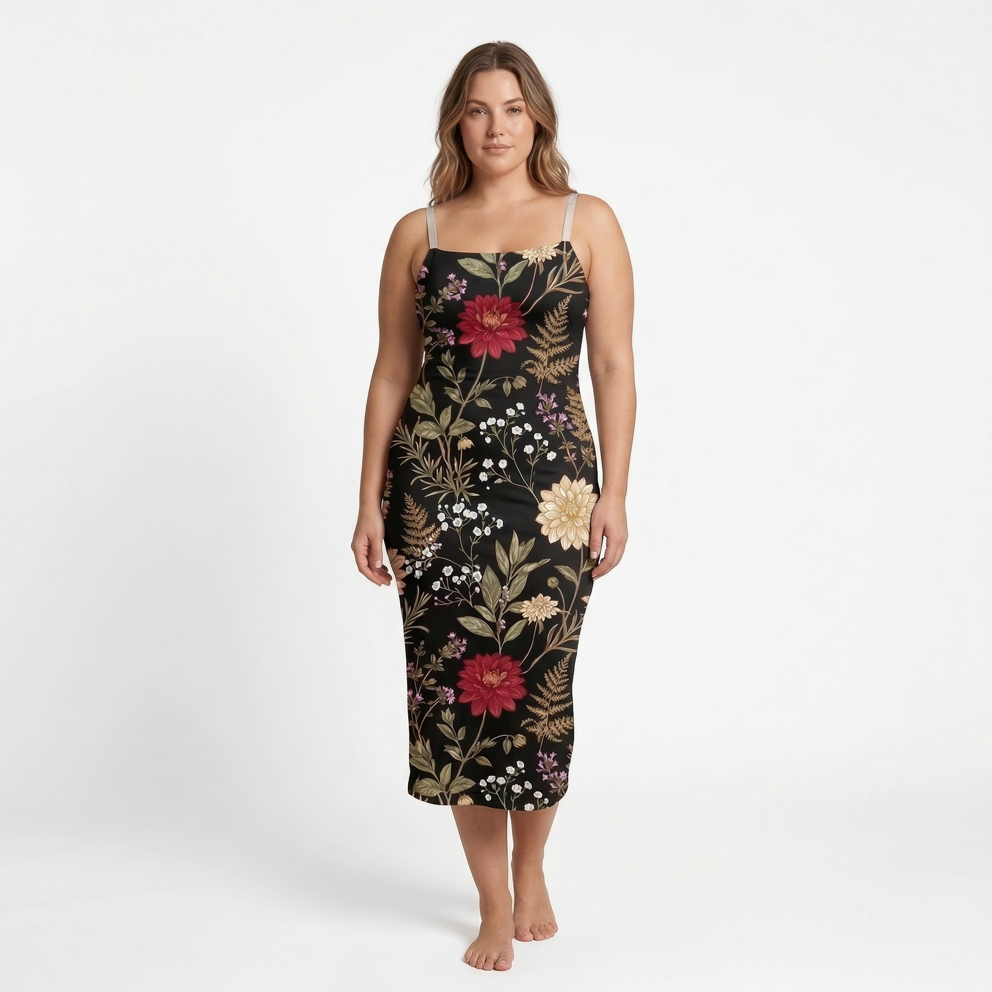Moonlit Dahlia Spaghetti Strap Dress | All Over Print Dark Floral Fashion — view 6