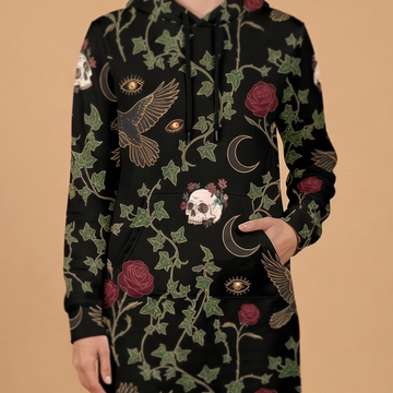 Raven & Roses hoodie dress movement shot - whimsigoth sublimation print dress