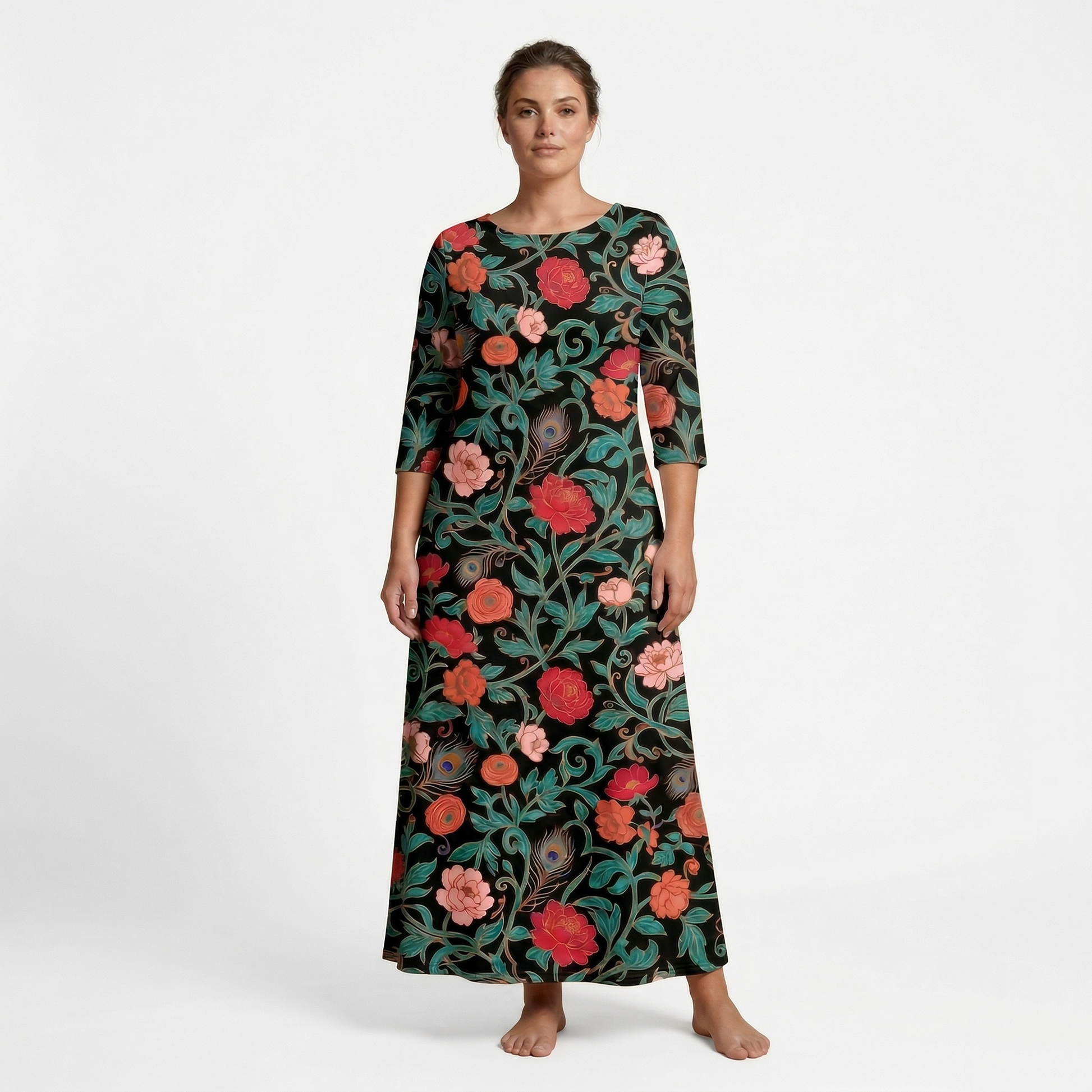 Dark Garden Tapestry 3/4 Sleeve Maxi Dress | All Over Print Dark Floral Fashion — view 6