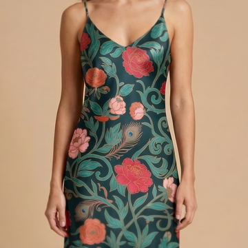 Dark Garden Tapestry sleeveless maxi dress movement shot - dark floral sublimation print dress