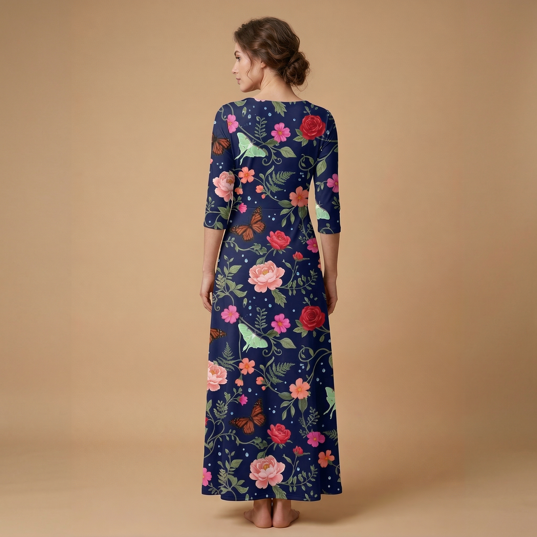 Noir Rose & Butterfly 3/4 Sleeve Maxi Dress | All Over Print Dark Floral Fashion — view 1